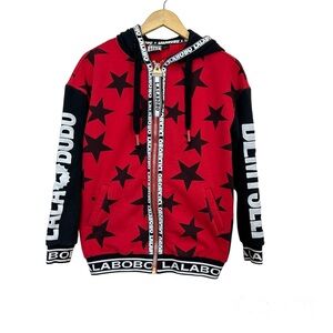Lalabobo Hooded Sweatshirt Jacket Red Black Stars‎ Men’s Sz Medium